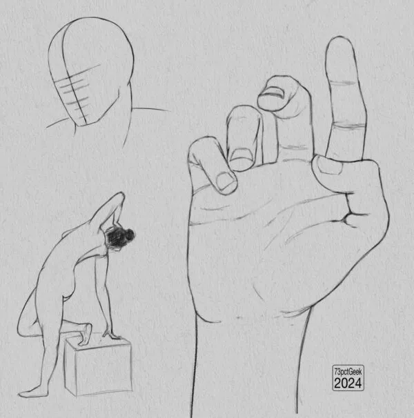 Digital graphite sketches of a head lay-ins, a nude figure and a hand.