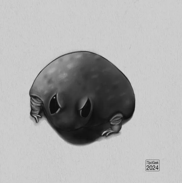 Digital graphite sketch of a round angry frog.