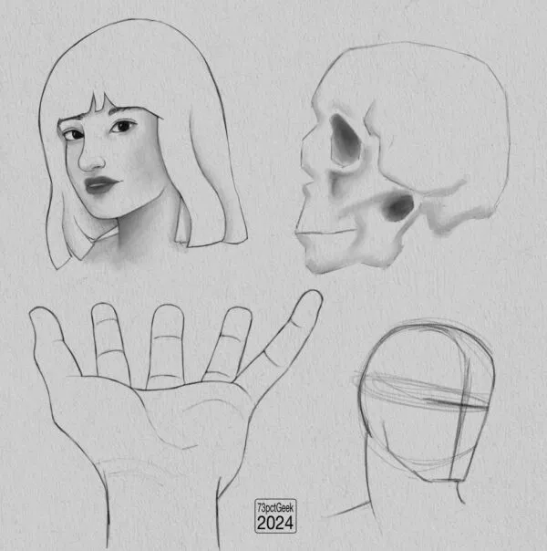 Digital graphite sketches of a woman’s head, a skull, a hand, and a head lay-in.