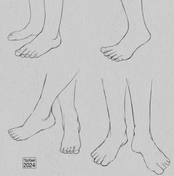 Digital graphite sketches of a 3 pairs of feet, and a single foot.
