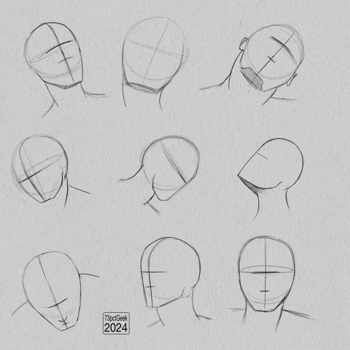 Digital graphite sketches of 9 different head lay-ins.