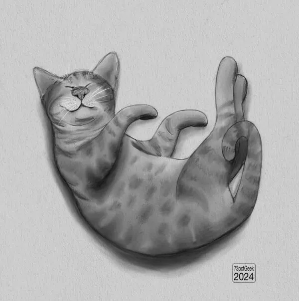 Digital graphite sketch of a spotty, stripy cat taking on its flank sleeping.