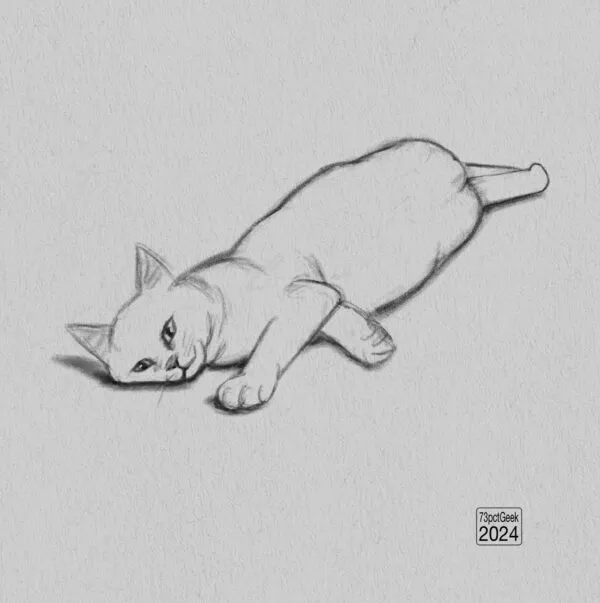 Digital graphite sketch of a cat lying on its side.