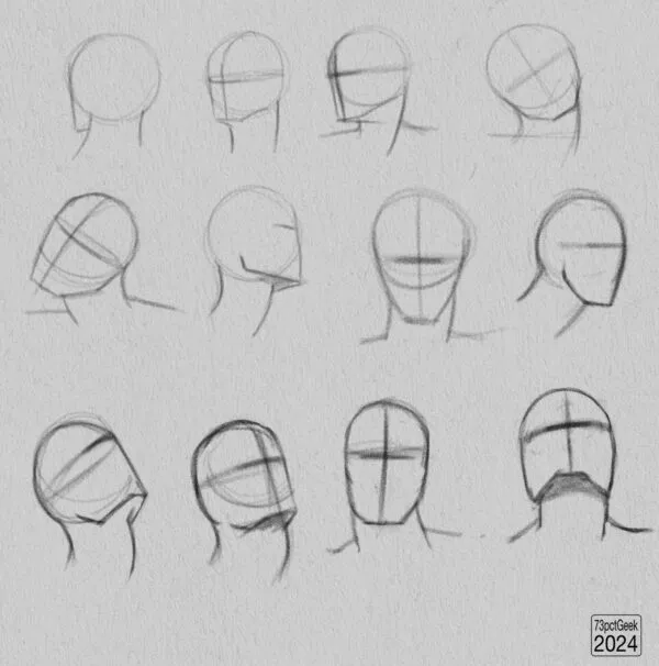 Digital graphite sketches of 12 different head lay-ins. 