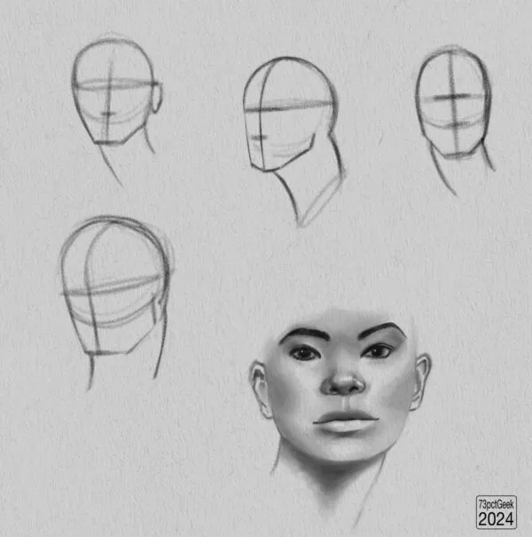 Digital graphite sketches of 4 different head lay-ins, and a partially rendered sketch of a face.
