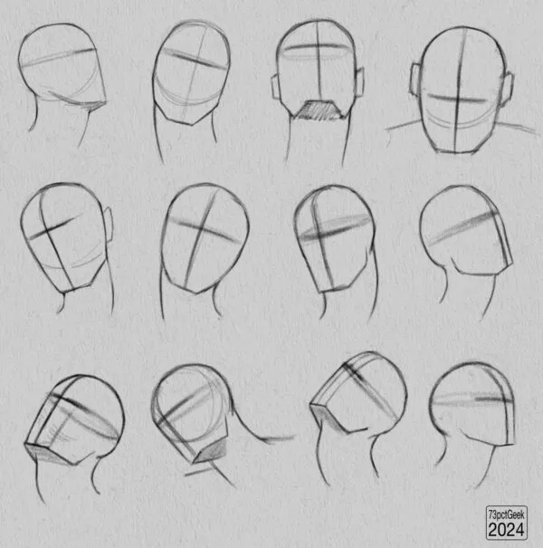 Digital graphite sketches of 12 different head lay-ins.