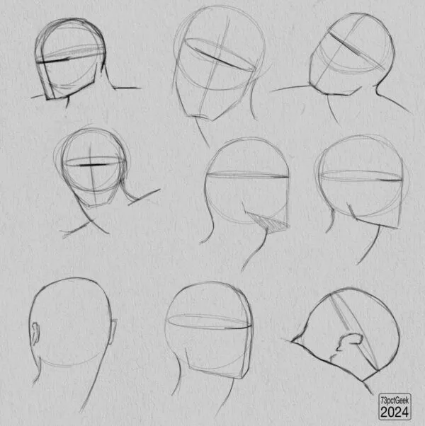 Digital graphite sketches of 9 different head lay-ins. 