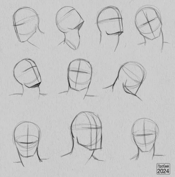 Digital graphite sketches of 10 different head lay-ins.