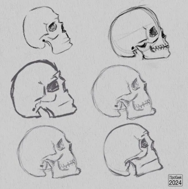 Digital sketches of six attempts at a skull.