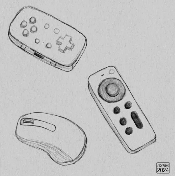 Digital graphite sketches of a computer mouse, an Apple TV remote and an 8Bit controller.