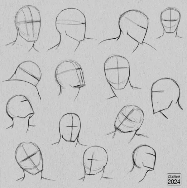 Digital graphite sketches of 14 different head lay-ins.