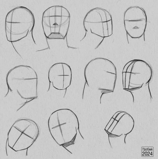 Digital graphite sketches of 11 different head lay-ins.