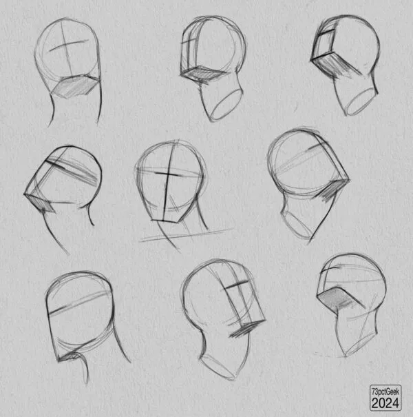 Digital graphite sketches of 9 different head lay-ins.