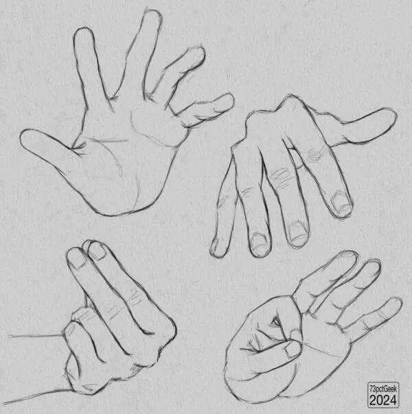Digital graphite sketches of four different hands.