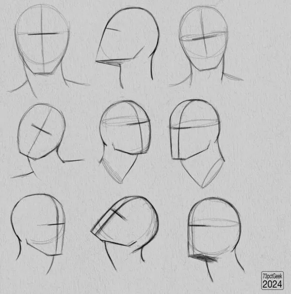 Digital graphite sketches of 9 different head lay-ins.