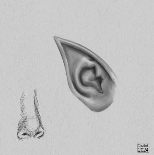 Digital graphite studies of a nose and a pointed ear.