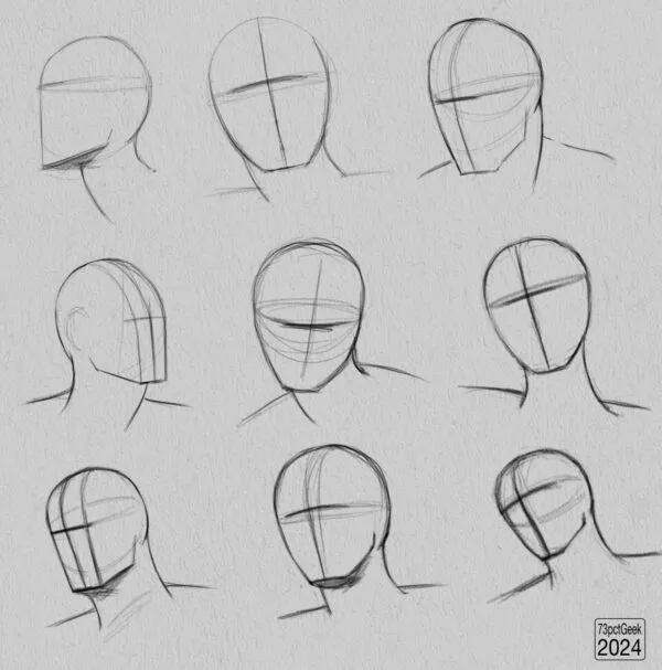 Digital graphite sketches of 9 different head lay-ins.
