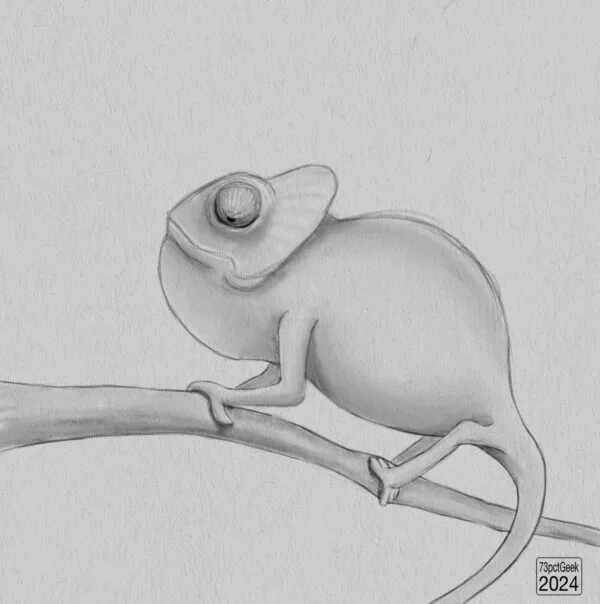 Digital graphite sketch of a chameleon grasping onto a stick.