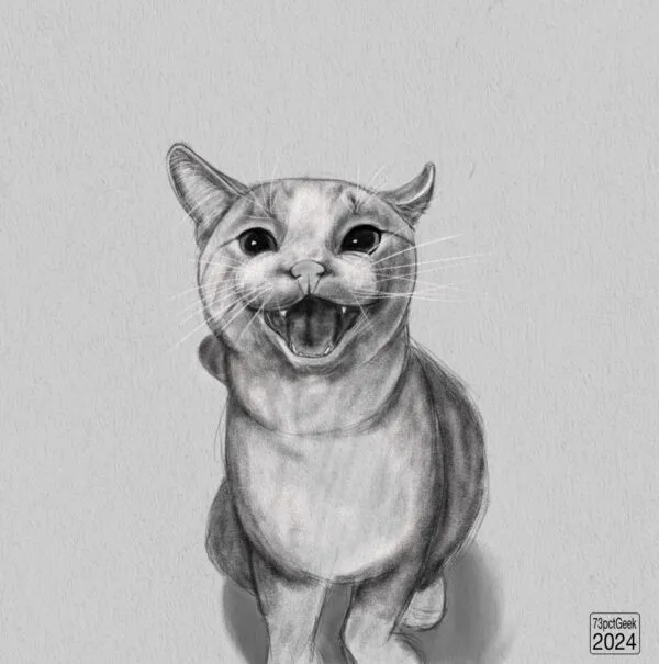 Digital sketch of a cat sitting facing the viewer with its mouth open in a meow.