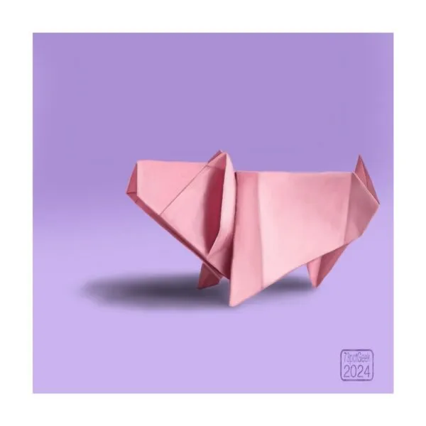 Digital sketch of an origami pig made from pink paper standing against a lilac background.