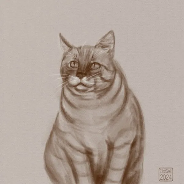 Digital sketch of a cat sitting facing the viewer.