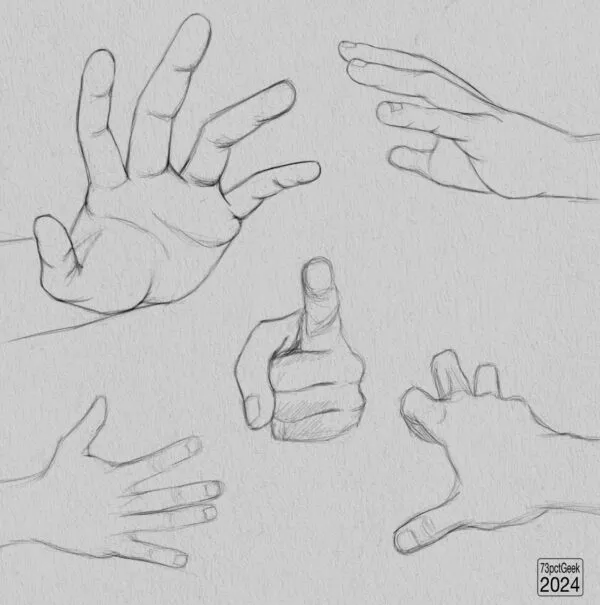 Digital graphite sketches of five different hands.