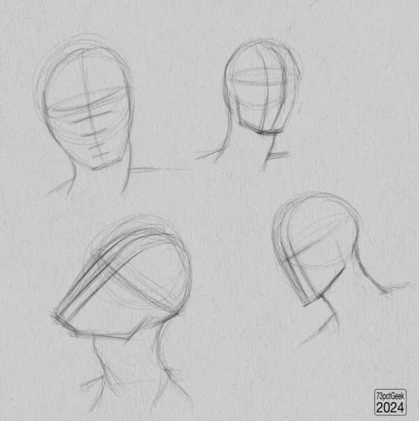 Digital graphite sketches of 4 different head lay-ins, even more awkward than usual due to brace on hand.
