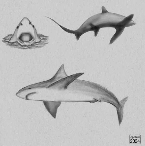 Digital graphite sketches of 3 different sharks.