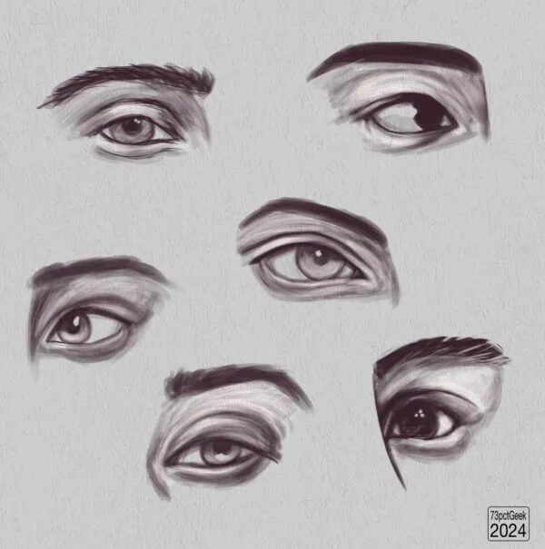 Digital studies of six individual eyes.