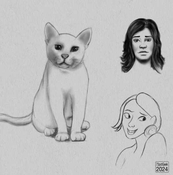 Digital sketch of a cat sitting facing the viewer, a cartoonish drawing of a woman and an attempt at a slightly more realistic portrait of a different woman.