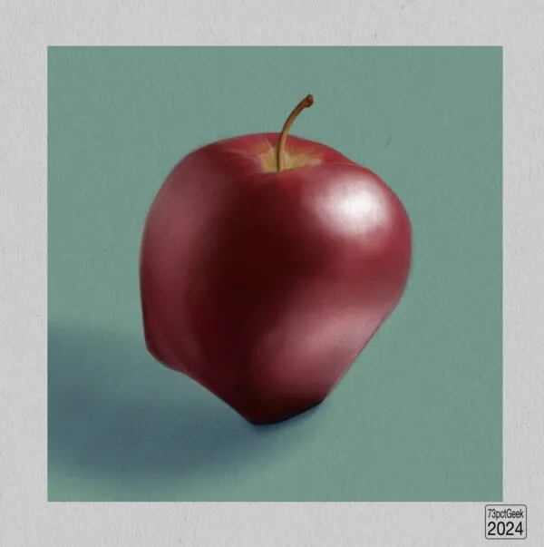 Digital painting of a red apple against a greenish backdrop.