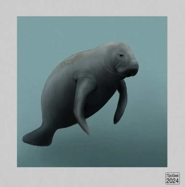 Digital painting of a manatee against blueish backdrop.