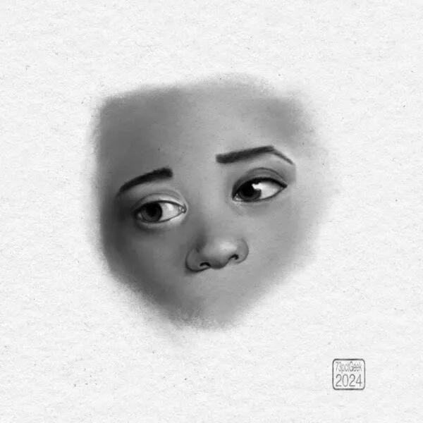 Unfinished digital pencil sketch of a woman’s eyes and nose.