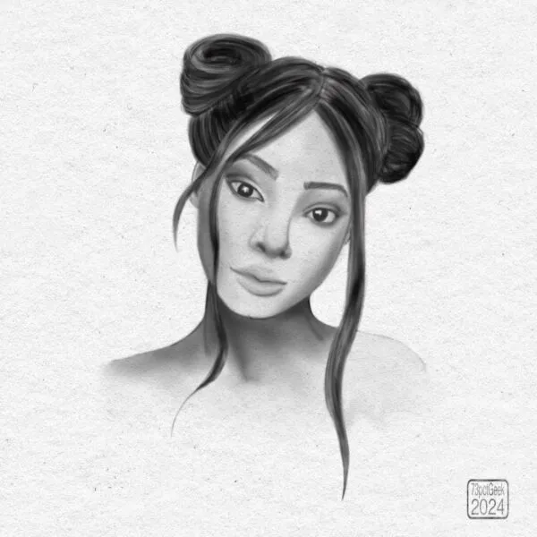 Digital pencil sketch of a woman’s head and shoulders.