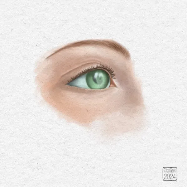 Digital colour painting of a green eye.