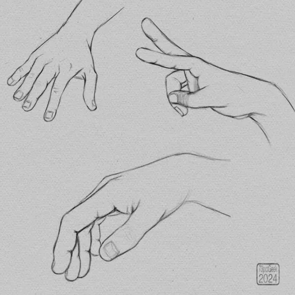 Digital graphite sketches of three different hands.