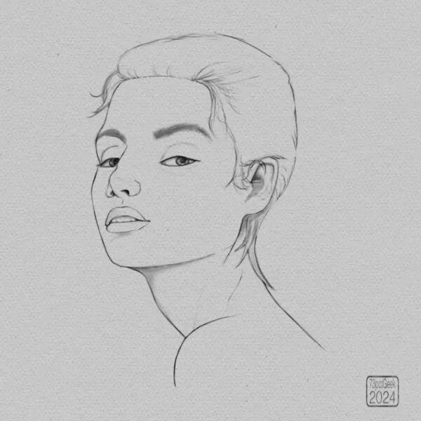 Digital graphite sketch of a woman’s head.