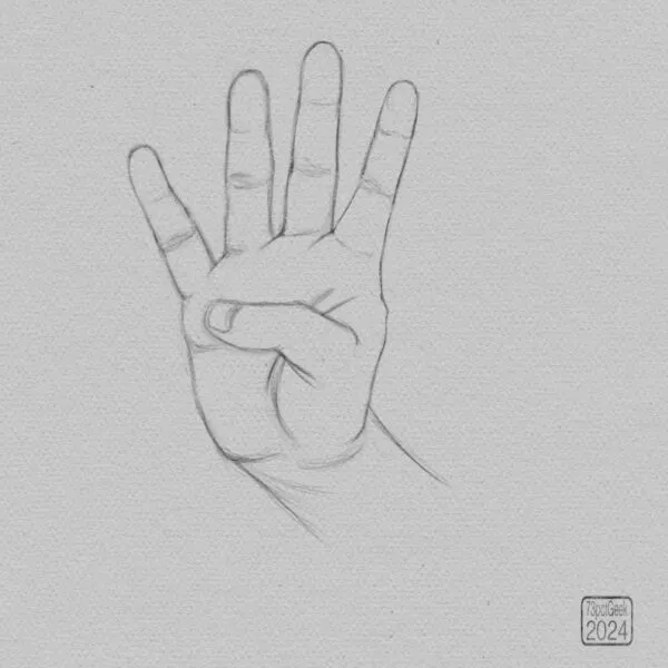 Digital graphite sketch of a hand, palm facing the viewer.