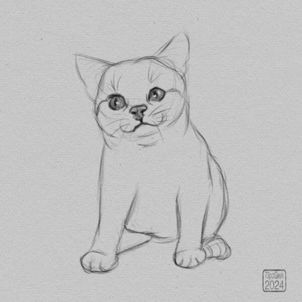 Digital sketch of a kittenish cat sitting facing the viewer.