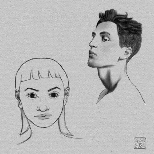 Digital black and white sketches of two heads, a woman’s and a man’s. 