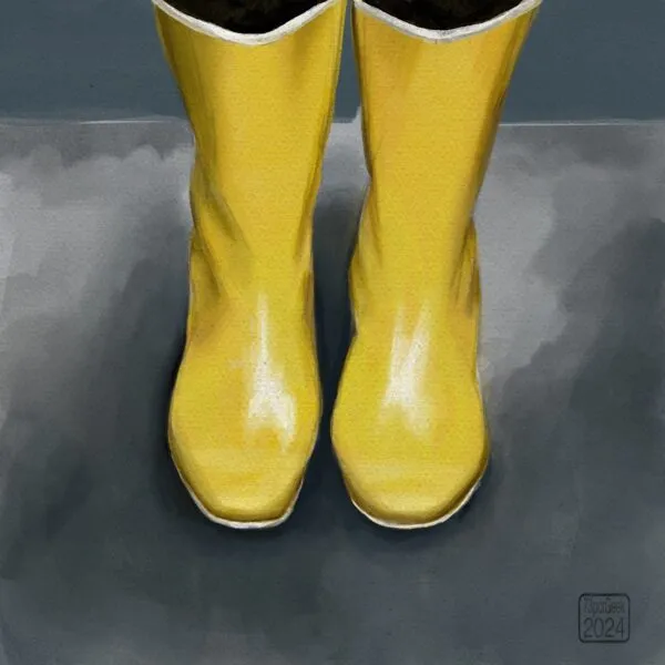 Digital watercolour of a pair of bright yellow wellies against a murky grey background.