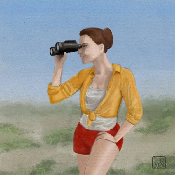 Digital watercolour of a brown haired woman wearing a yellow shirt over a white tee, and red shorts. She has a hand on one slightly raised thighs and holds a pair of binoculars up to her eyes with the other hand. 