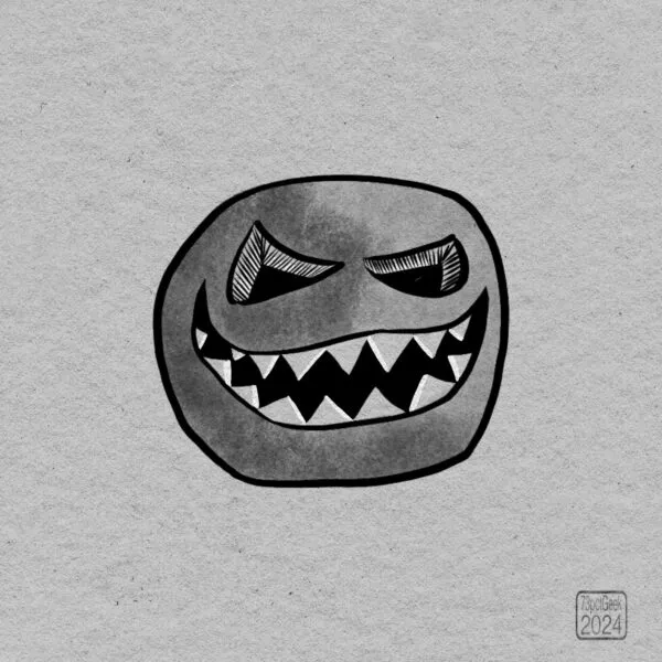Digital black and white ink doodle of a carved pumpkin. 