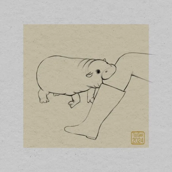 Digital sketch of the pygmy hippo, Moo Deng, nomming a welly-clad leg. 