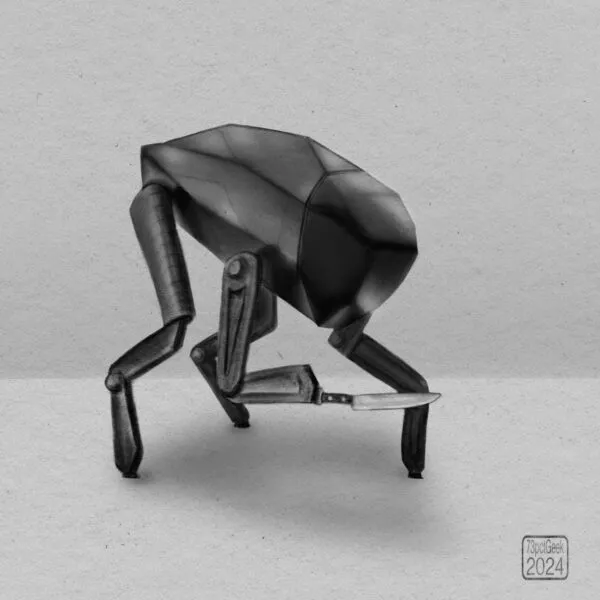 Digital sketch of the robot «dog» from Black Mirror, holding a knife. 