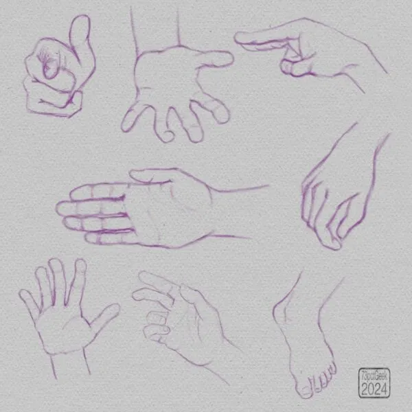 Digital graphite sketches of 7 different hands, and a foot. 