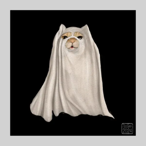Digital painting of an orange cat dressed as a ghost, wearing a sheet with 3 holes in it.