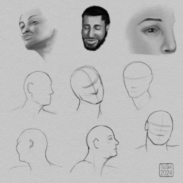 Digital graphite sketches of 6 different head lay-ins, and attempts at a portrait of a woman’s face, a man’s head, and a section of a face comprising the eye and nose.