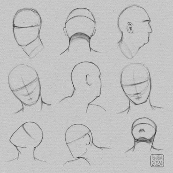 Digital graphite sketches of 9 different head lay-ins.