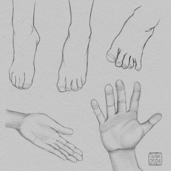 Digital pencil sketches of 2 different hands, a pair of feet and a single foot. 